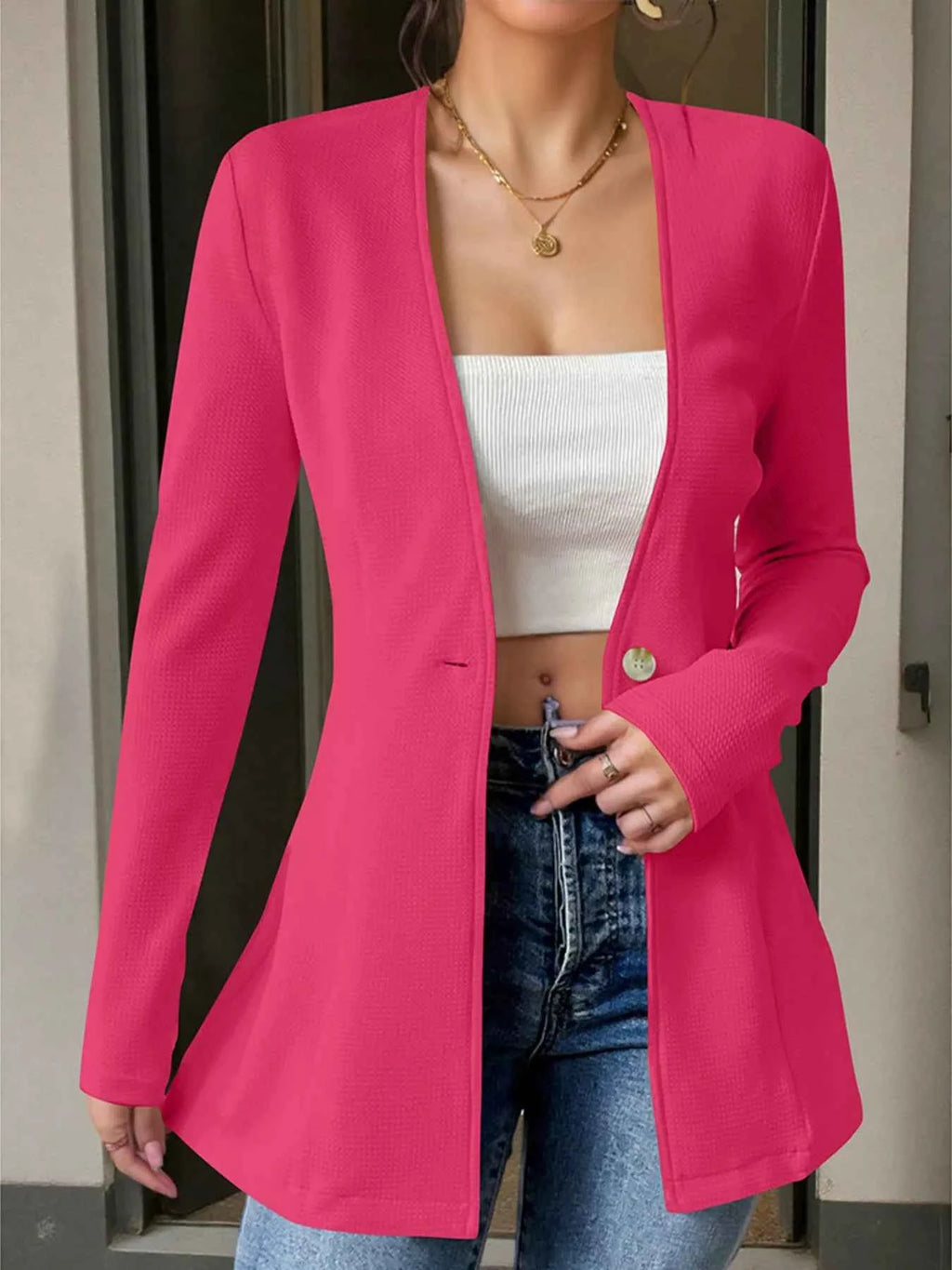 One Button Long Sleeve Blazer 76e8febfb4304e68b6e8d5164e1171e2-Max-Origin