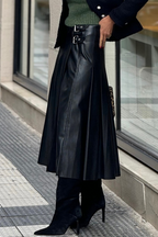 Black Faux Leather Retro Buckle Detail Pleated Stitch Flared Midi Skirt 76ef6475482917c2