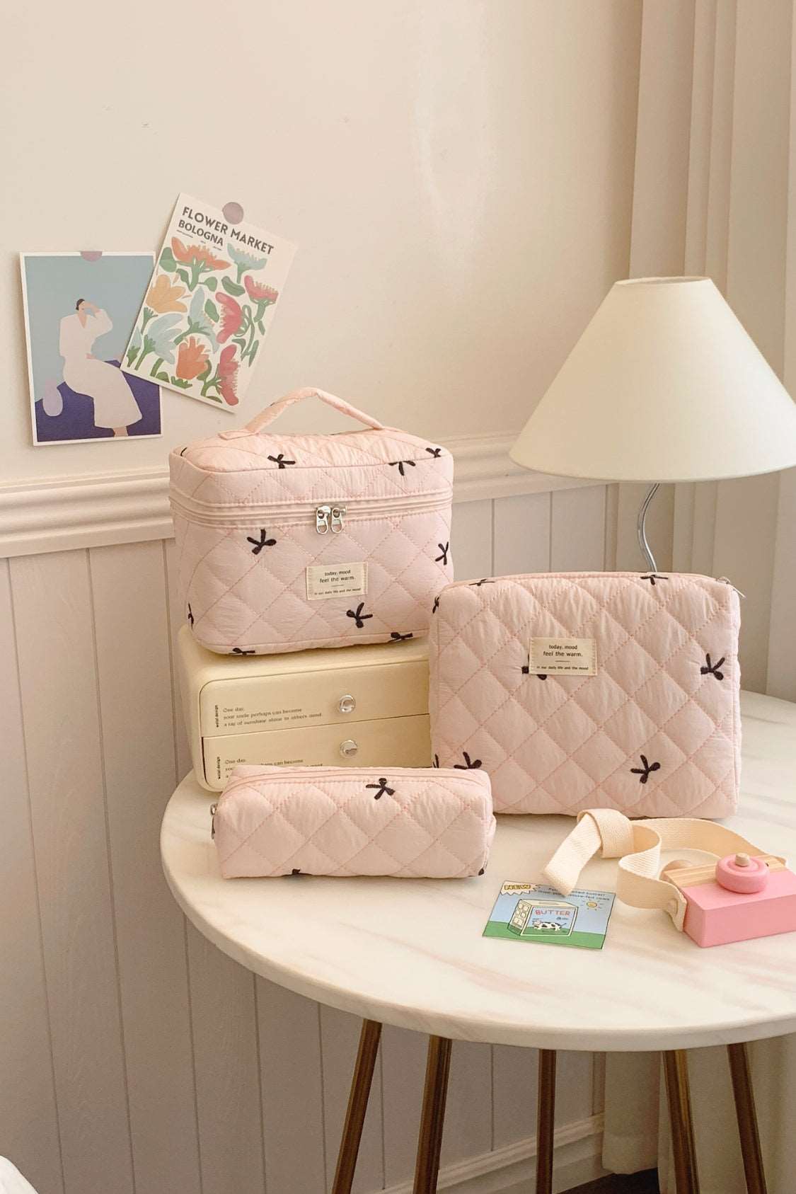 3 Piece Bow Quilted Cloth Storage Bag Set