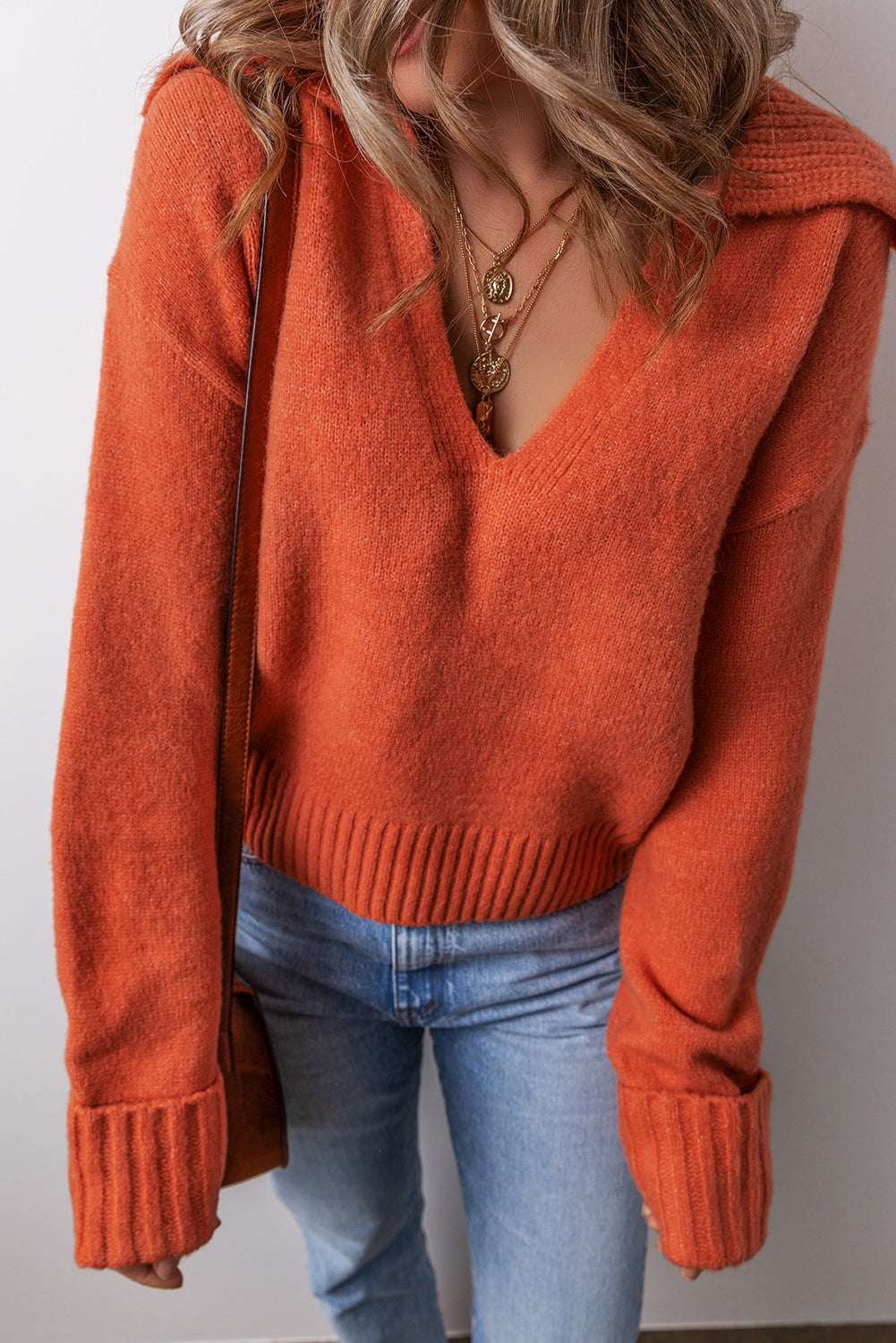 Flamingo Ribbed Edge Collared V Neck Loose Fit Sweater 76f02de43d25f83a