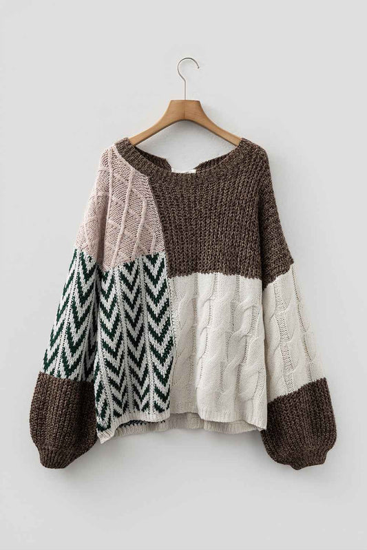 Brown Colorblock Patchwork Knotted Back Loose Fit Sweater 7701593bdc3da174