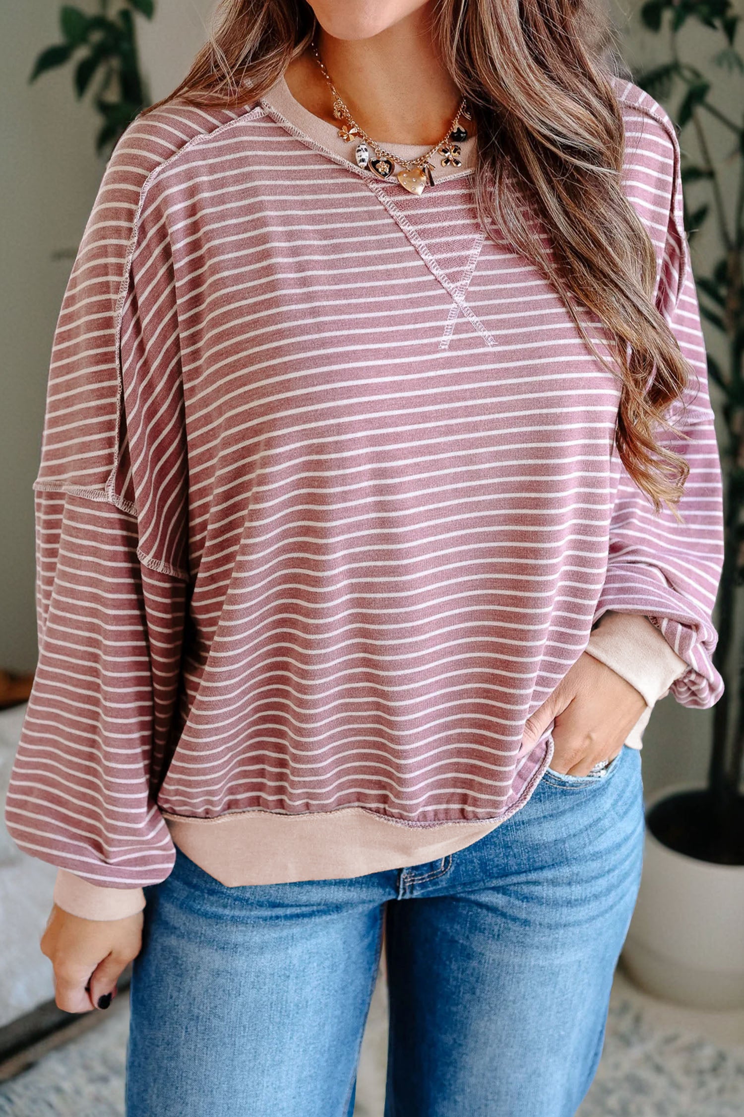 Pink Stripe Exposed Stitching Patchwork Casual Long Sleeve Top Pink Stripe 95%Cotton+5%Elastane 770379e63696d305