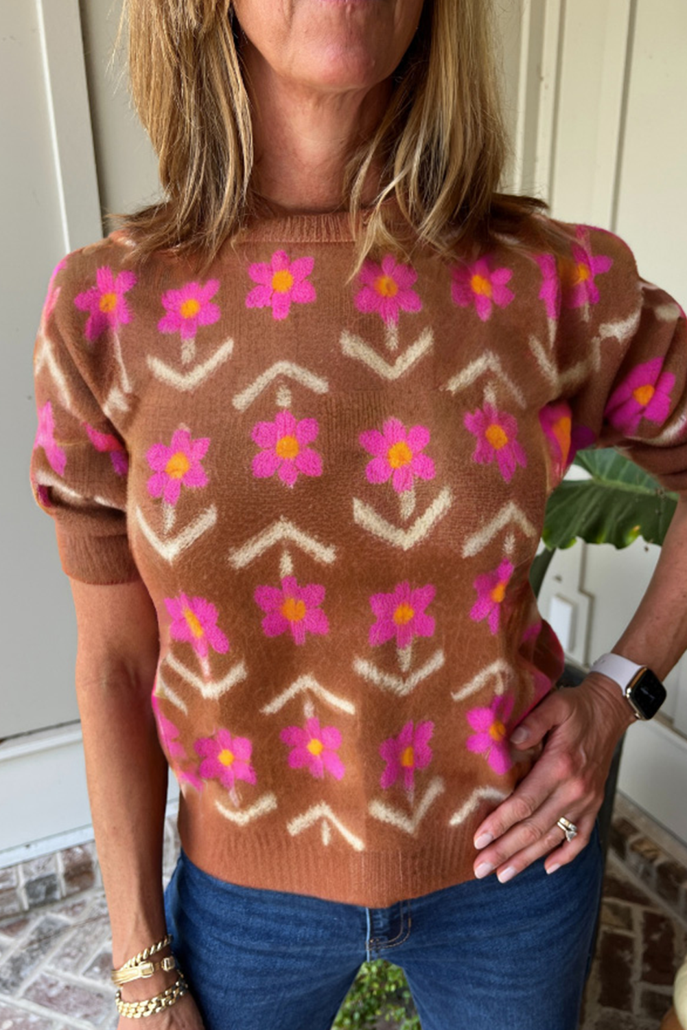 Brown Floral Pattern Short Puff Sleeve Sweater Brown 52%Viscose+26%Polyester+22%Polyamide 770592addfa32cbf