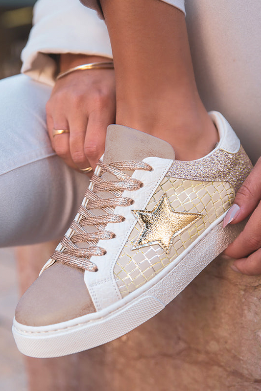 Gold Glitter Star Patchwork PU Leather Lace-up Sneakers Gold 70%PVC+30%PU 7707351a8ddec9f8
