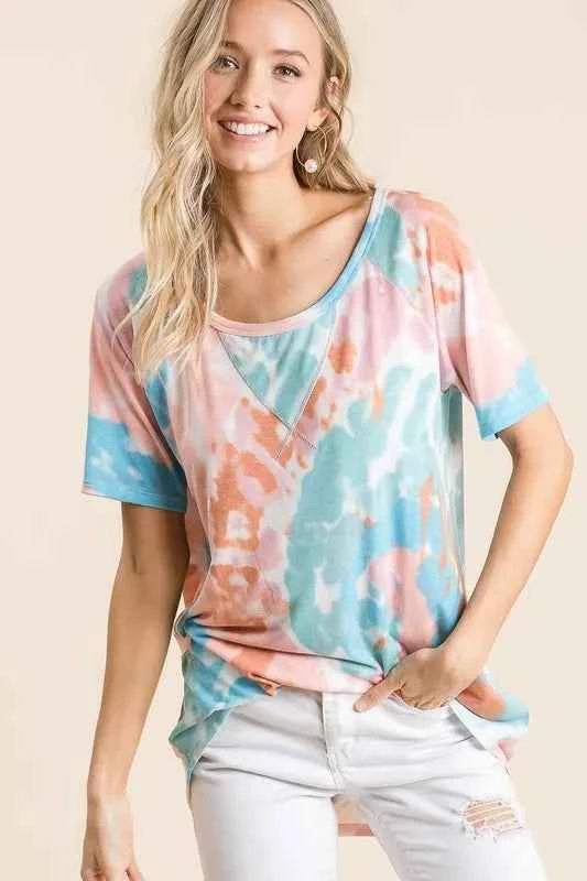 BiBi Tie Dye Print Short Sleeve T-Shirt with Raglan Sleeves 770bc7fad64e4bb78b52f26be9d6c206-Max-Origin