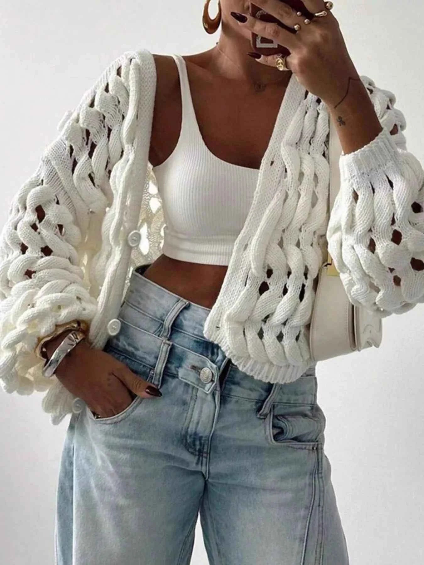 Openwork Button Up V-Neck Cardigan 770ce5b7-c6c1-4d2d-8cb0-2cceaf38acd4-Max-Origin