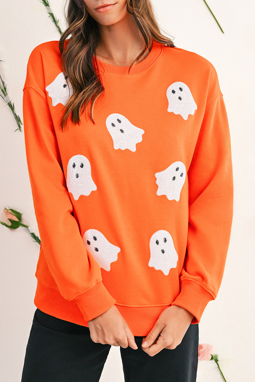 Black Halloween Ghost Sequins Patch Drop Shoulder Sweatshirt 770e9f2029107a3d