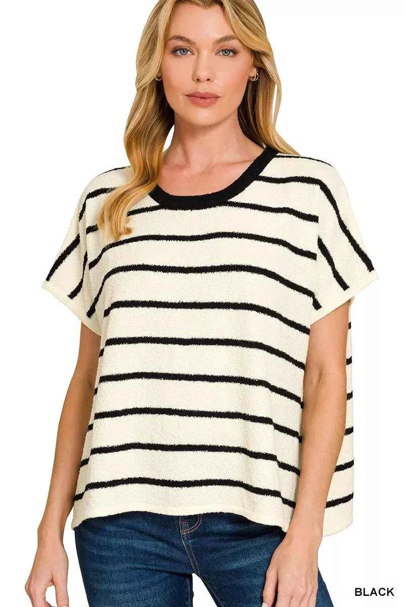 Zenana Striped Oversize Sweater Top BLACK 77117a90f0cc4f158f007afe8a9dd0cf-Max-Origin