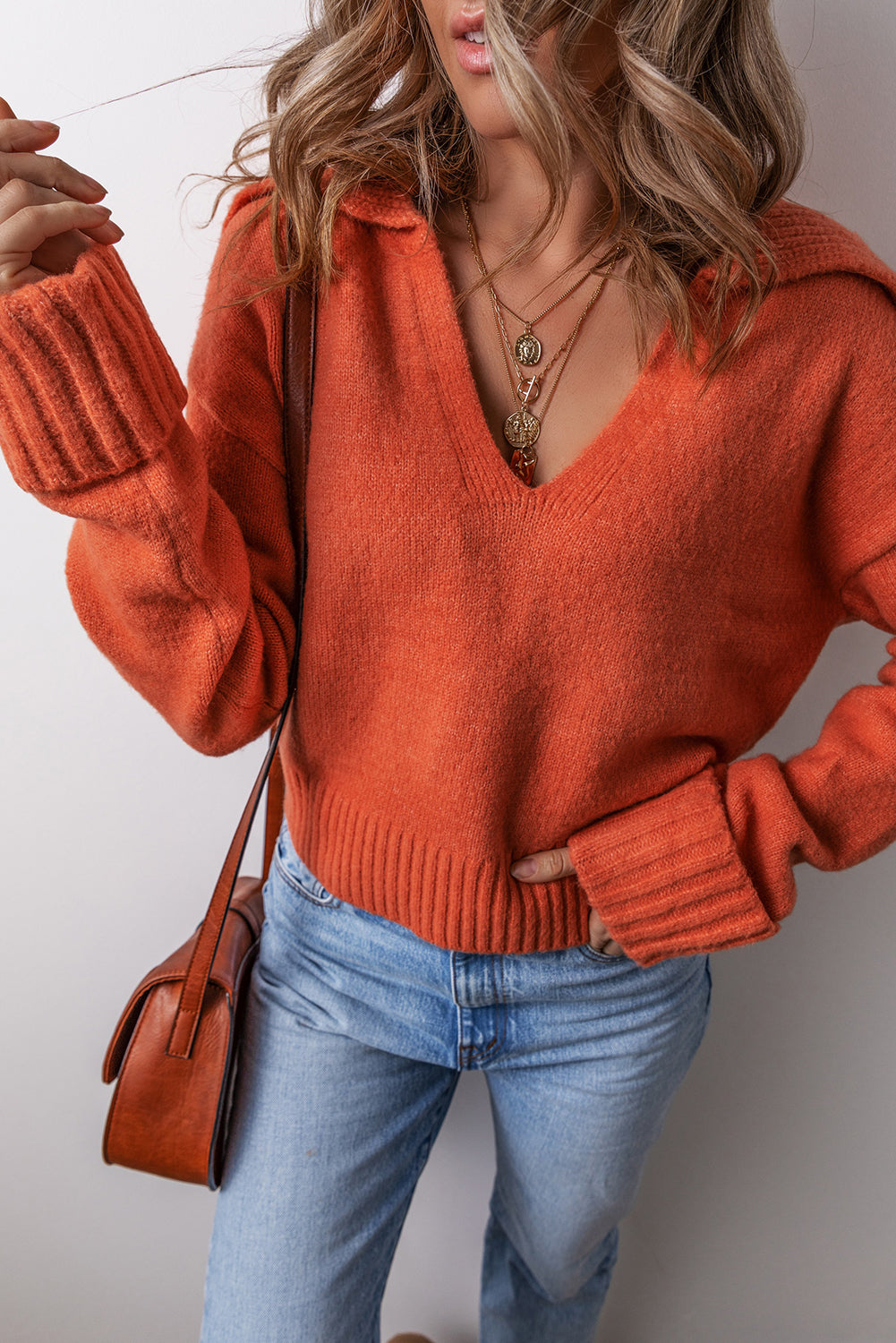 Flamingo Ribbed Edge Collared V Neck Loose Fit Sweater 771821c2a1122456