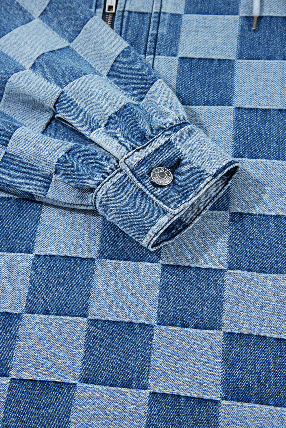 Sky Blue Checkerboard Zipped Collar Kangaroo Pocket Denim Hoodie 771bf8733794cde4