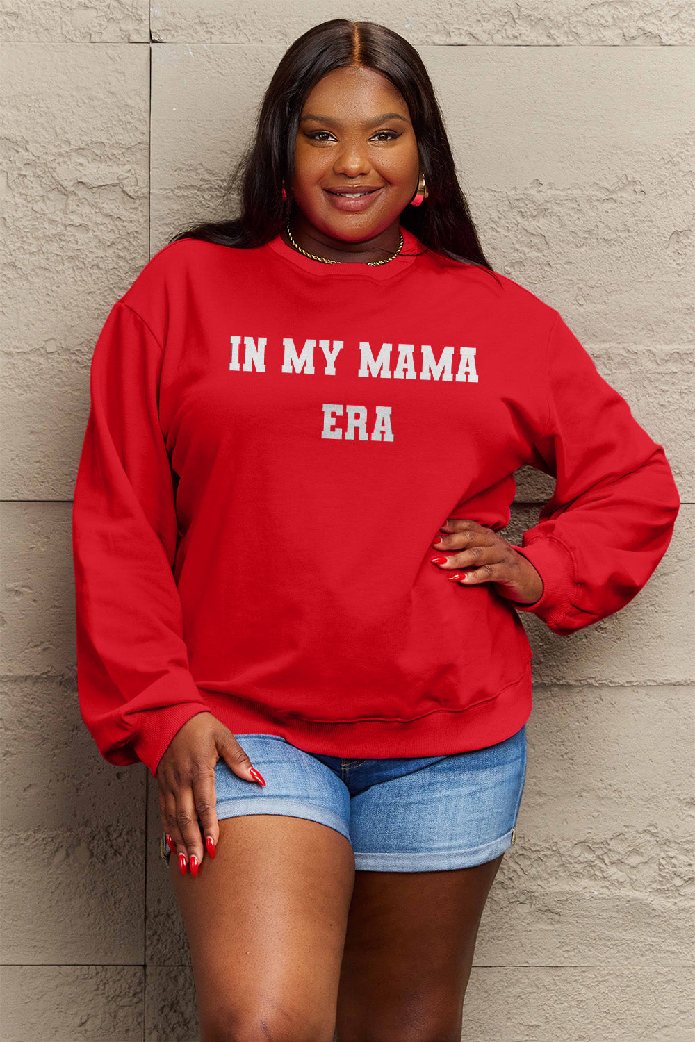 Simply Love Full Size IN MY MAMA EAR Graphic Sweatshirt 7723b9748928402c806764c7cae1b5de-Max