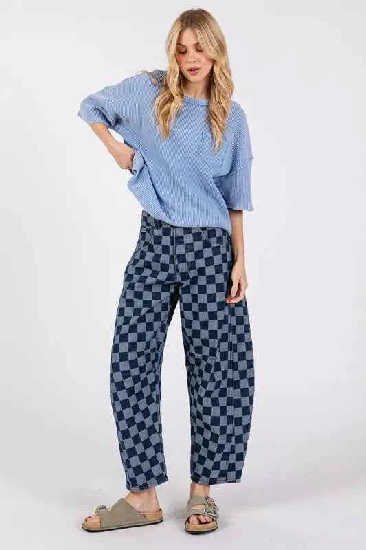 SAGE+FIG Barrel Style Leg Checkered Print Jeans 7723bdd6991c4440b2580ab965688878-Max-Origin