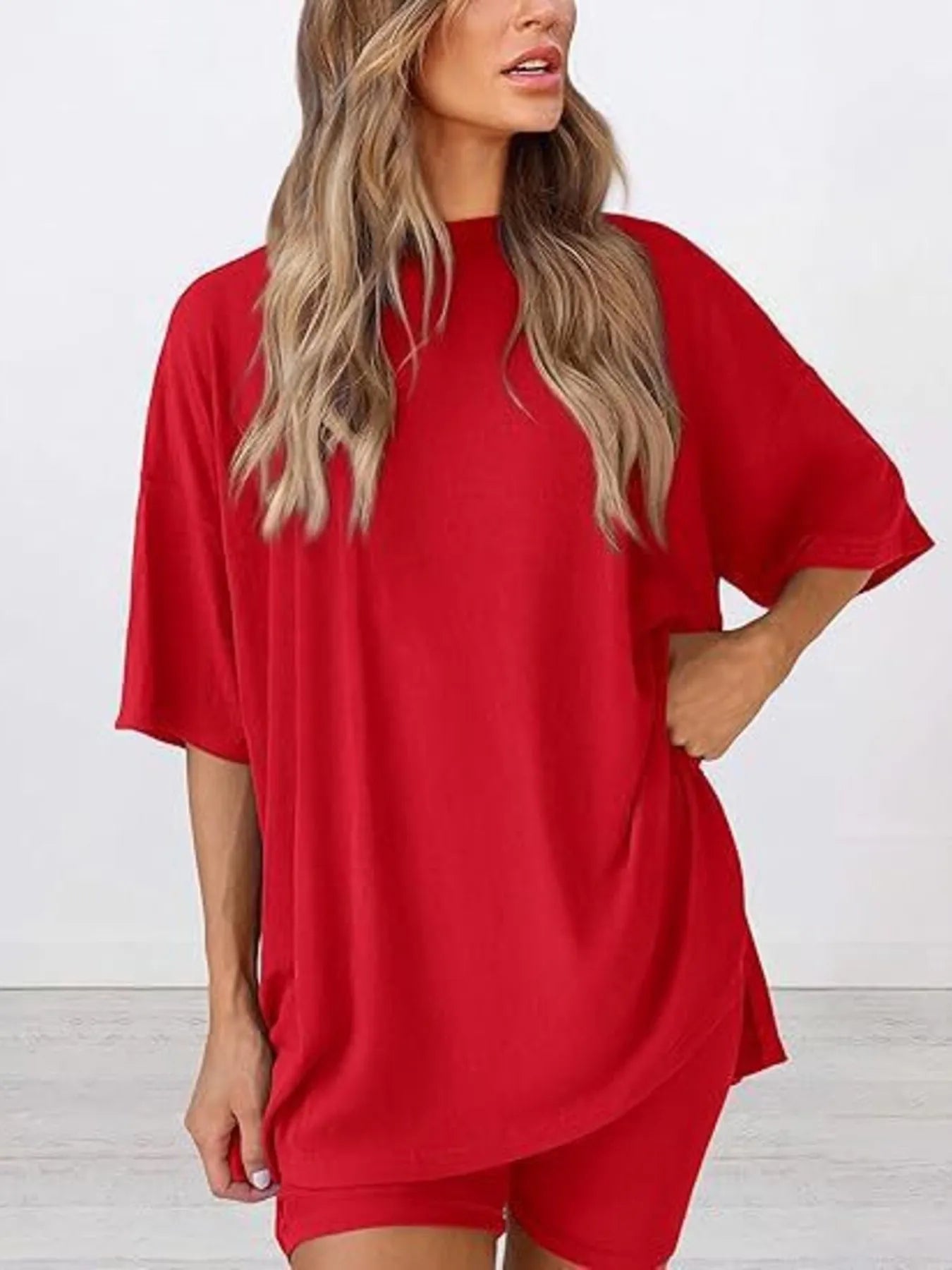 Full Size Oversized Slit Round Neck Top and Shorts Lounge Set Plus Size Red 77272f68a0e849d6b0bfc44fc2efbb01-Max-Origin