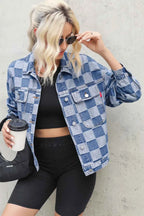 Checkered Button Up Long Sleeve Denim Jacket 77289e2a-1d3b-42d8-9534-59c77075179c-Max