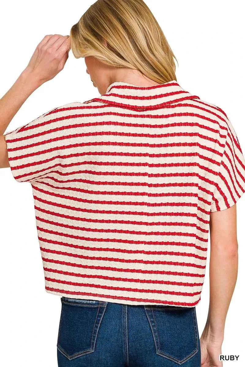 Zenana Striped Split Neck Collared Top 772a45fa034a44f7aa1fe4a92db8ec1a-Max-Origin