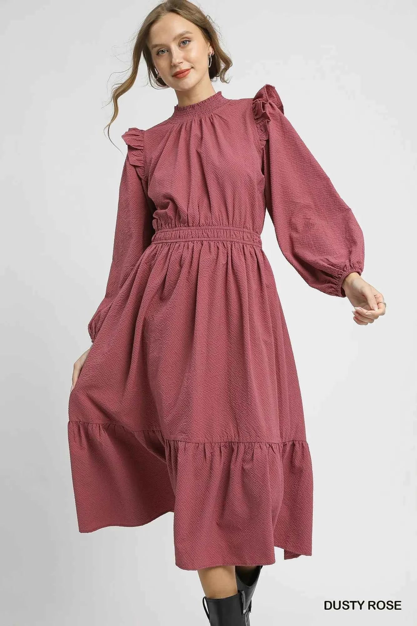 Umgee Textured Midi Dress with Ruffle Shoulder Detail 772b1431-19e1-4923-a551-47f57c5b373f-Max-Origin