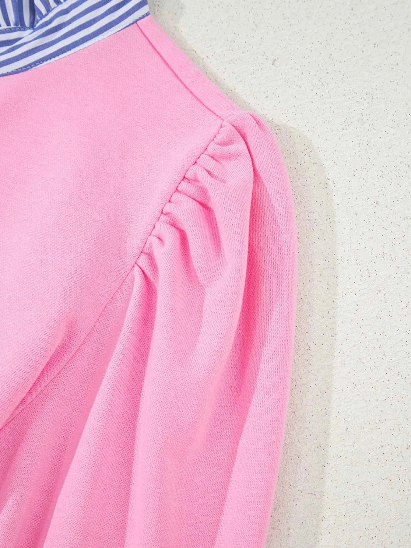 Striped Collar Patchwork Puff Sleeve Sweatshirt 772b2b870605472f9314d7b245b7349d-Max-Origin