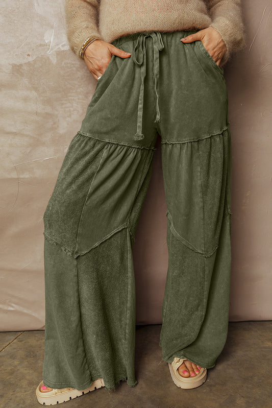 Vineyard Green Mineral Wash Tiered Wide Leg Patchwork Drawstring Pants 772ed730fab88c3a