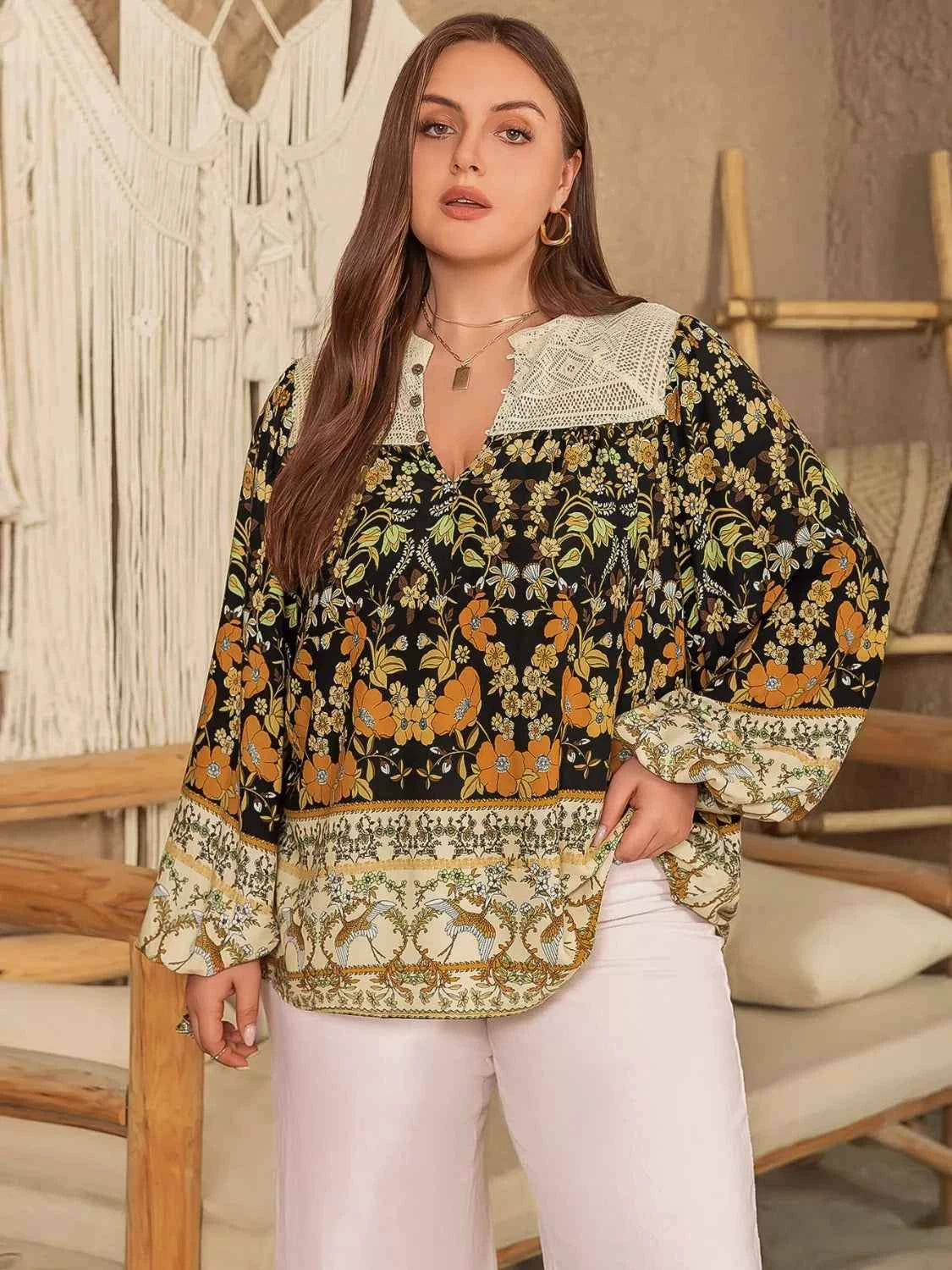 Plus Size Floral Print Notched Blouse Black 7731fcdf-dbcc-4cd6-a323-a97df2d46db0-Max-Origin