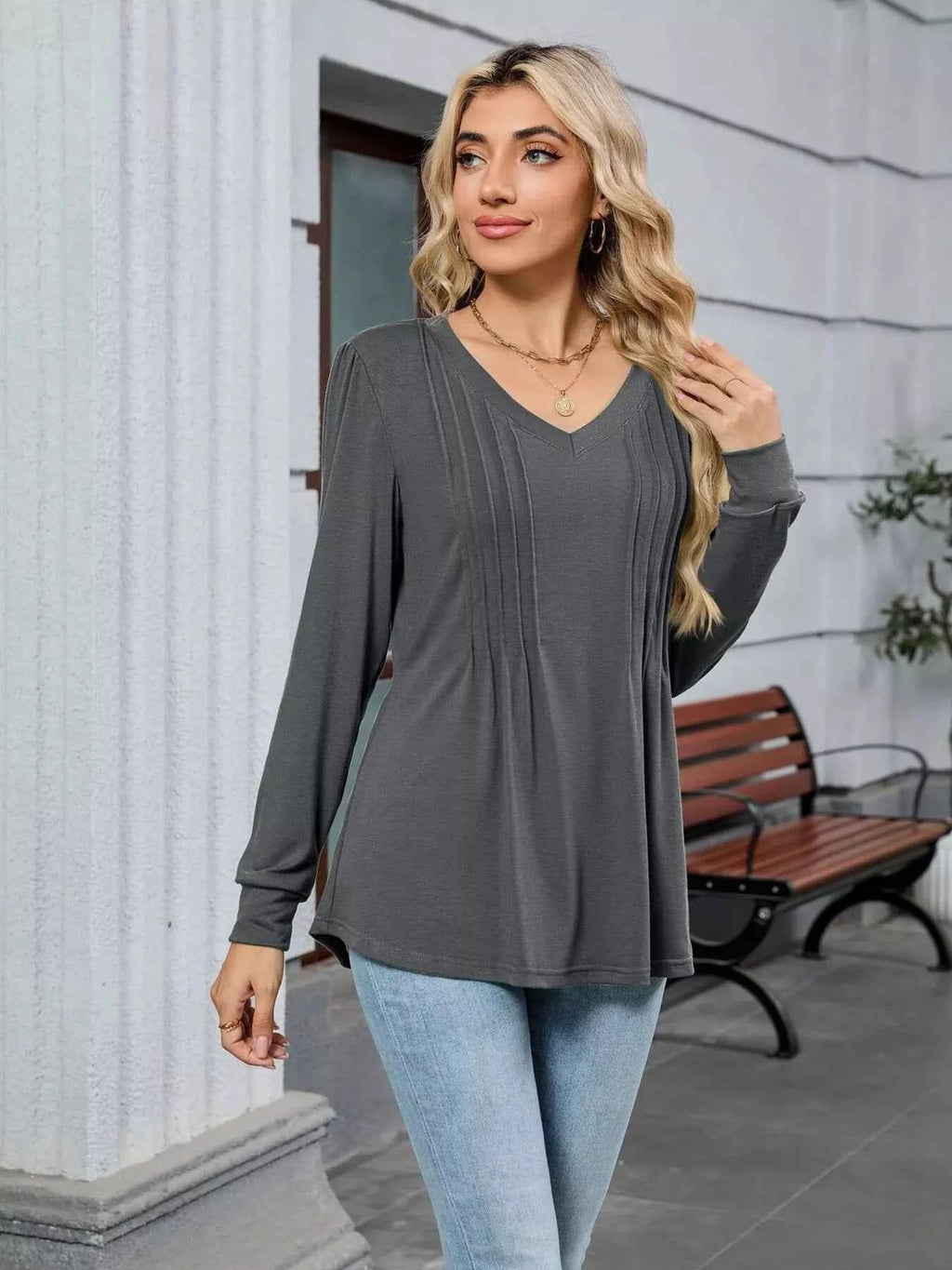 V-Neck Long Sleeve Relaxed Fit T-Shirt