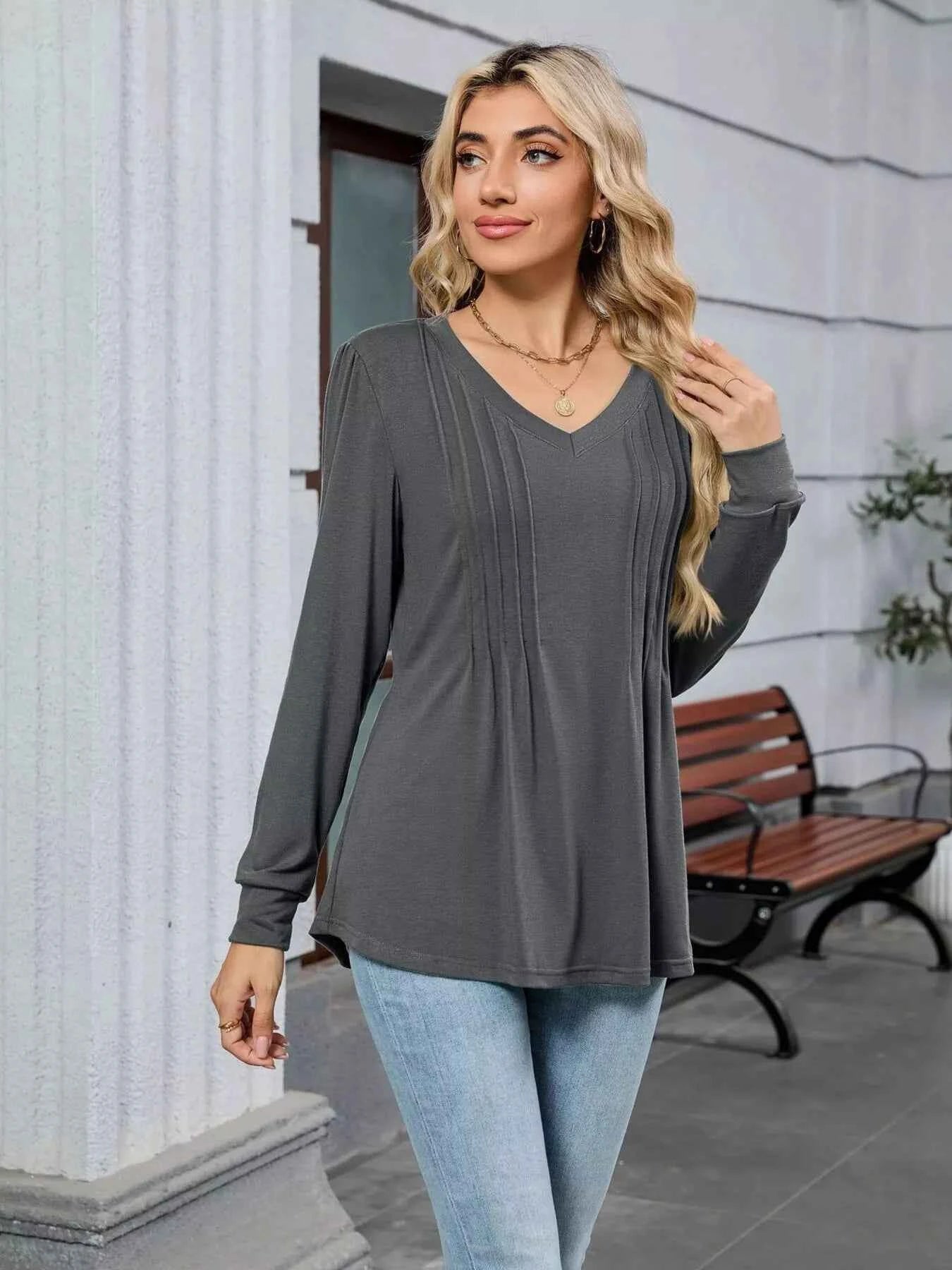 V-Neck Long Sleeve Relaxed Fit T-Shirt
