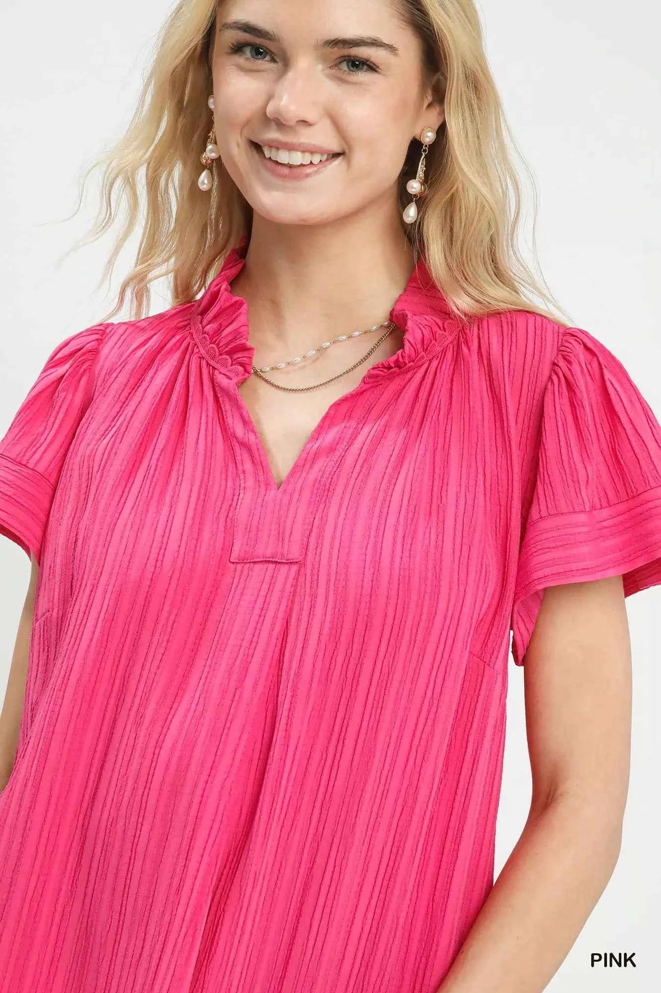 Umgee Texture Flutter Sleeve Notched Blouse 773a2fa0-9fbd-486b-b243-c9cac82903e5-Max-Origin