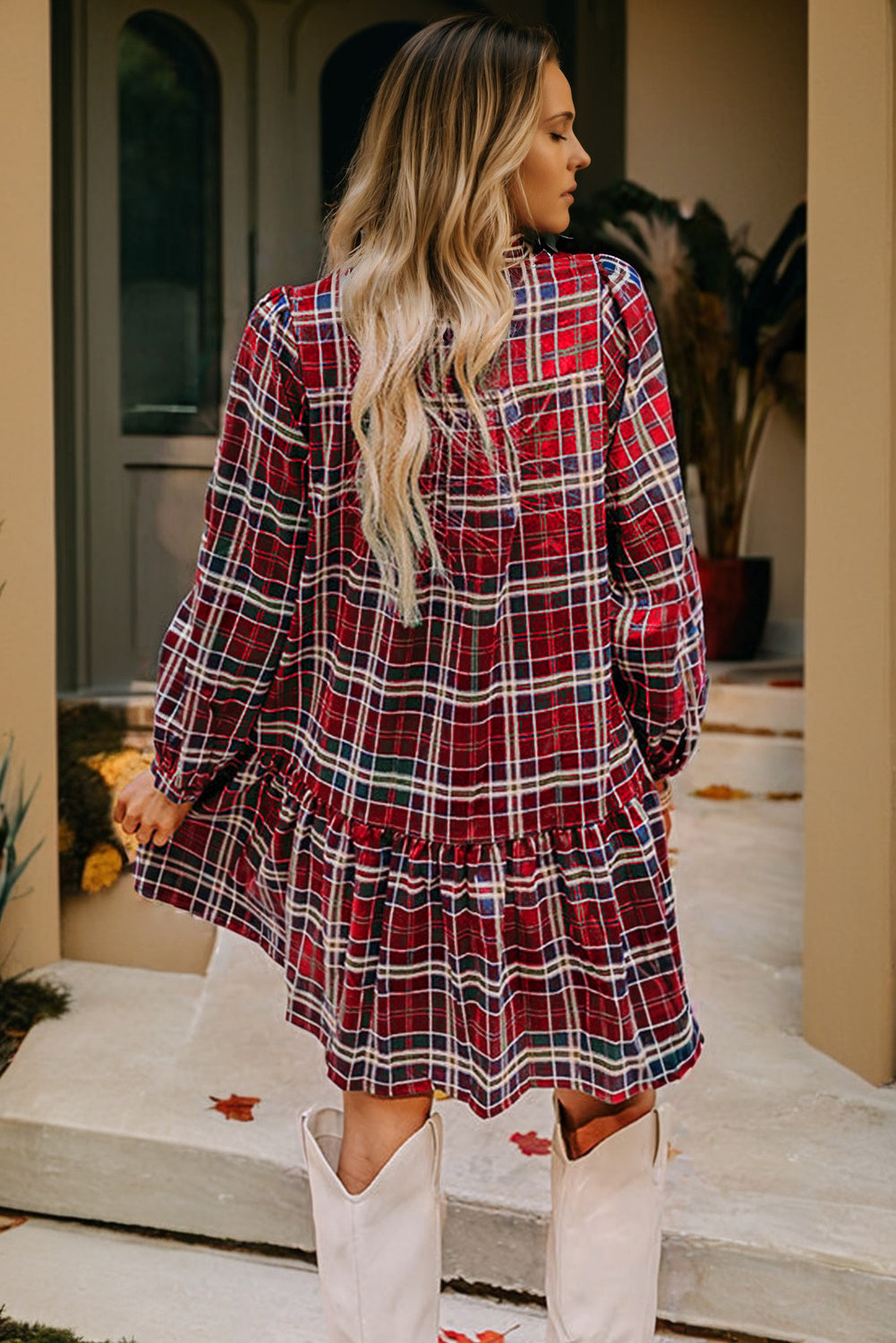 Red Plaid Print Frill Neck Long Sleeve Mini Dress 773a9dba6f13d183