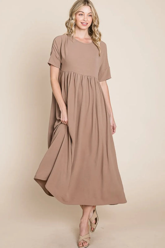 BOMBOM Round Neck Ruched Midi Dress 773b18b8-4727-44fd-8c75-0d20b315b90c-Max