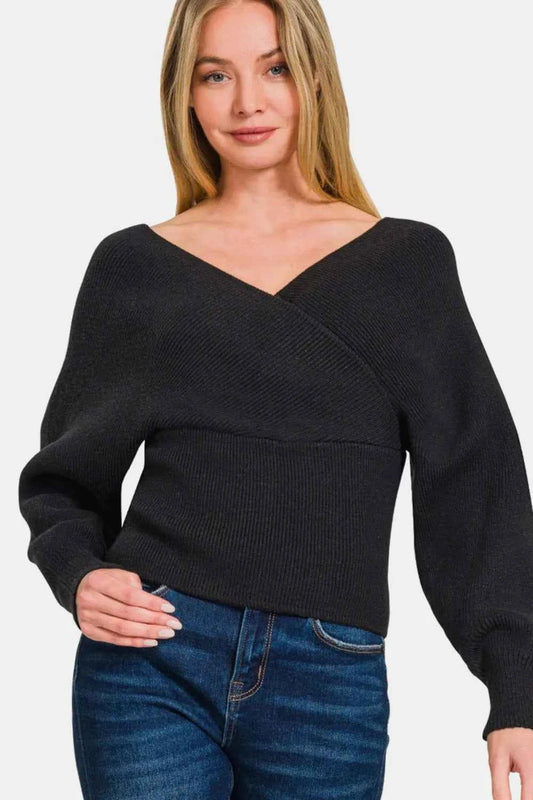 Zenana Cross Wrap Rib Long Sleeve Sweater Black 773d0486-4961-46c0-ac14-d2f1650a9e1c-Max