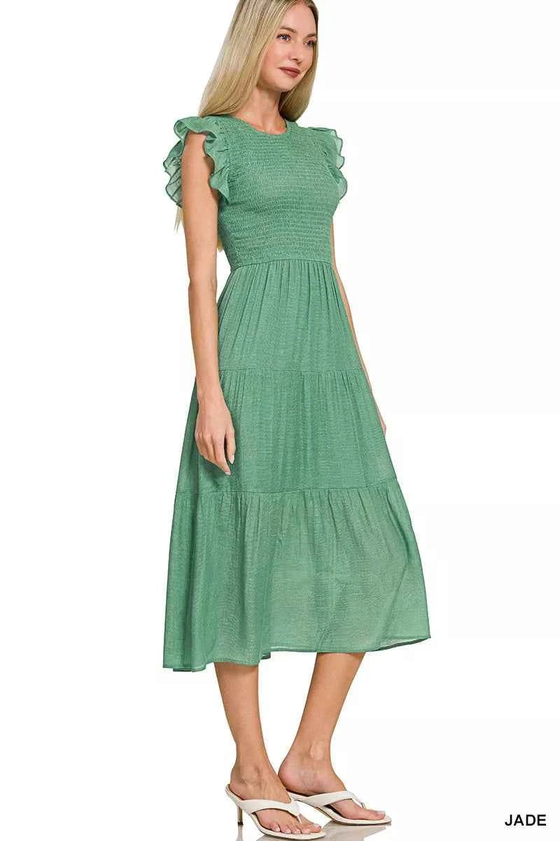 Zenana Woven Smocked Ruffle Sleeve Midi Dress 773d16c7f784459183a6cc62aaec90c6-Max-Origin
