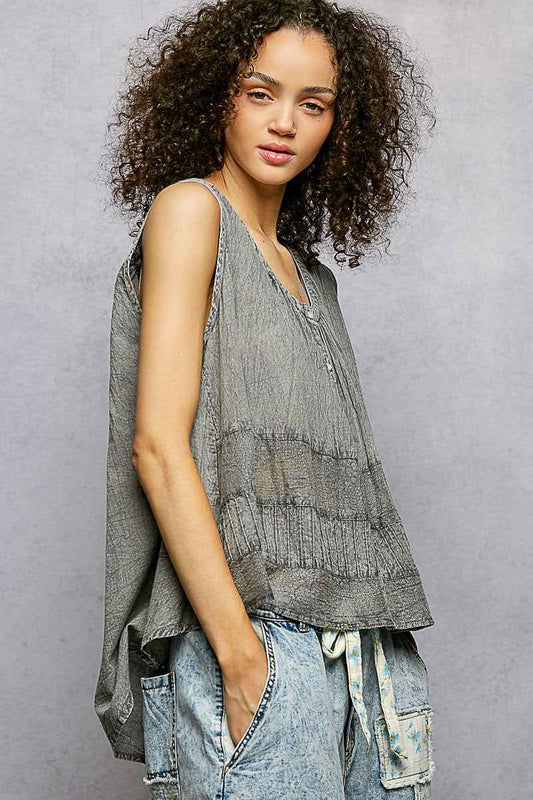 Button Down Round Neck Tank with Crochet Contrast 773da760-9b81-47e8-b5c0-1cb0c2c8f48b-Max
