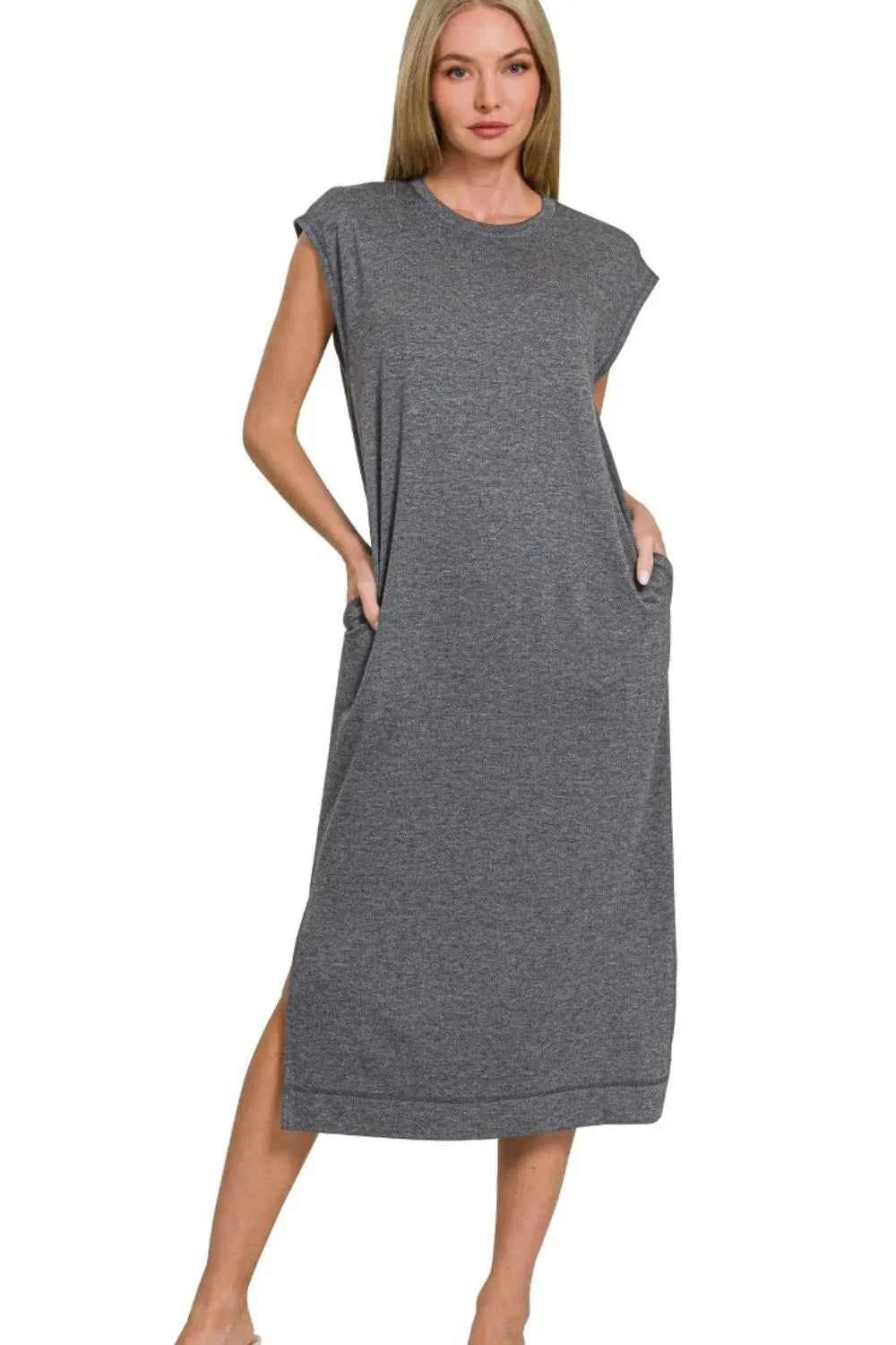 Zenana French Terry Sleeveless Round Neck Midi Dress BLACK 77409a2f-b9c3-49c2-b58a-e70d6b3e70ac-Max-Origin