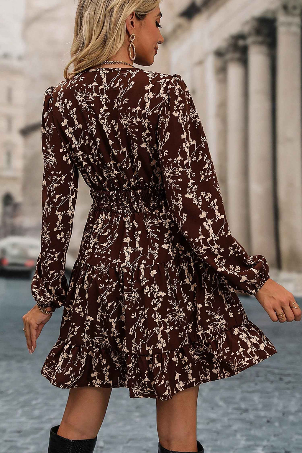 Brown Ditsy Floral Print Split Neck Long Sleeve Shirred Waist Flared Mini Dress 77409ec18c1a69f1