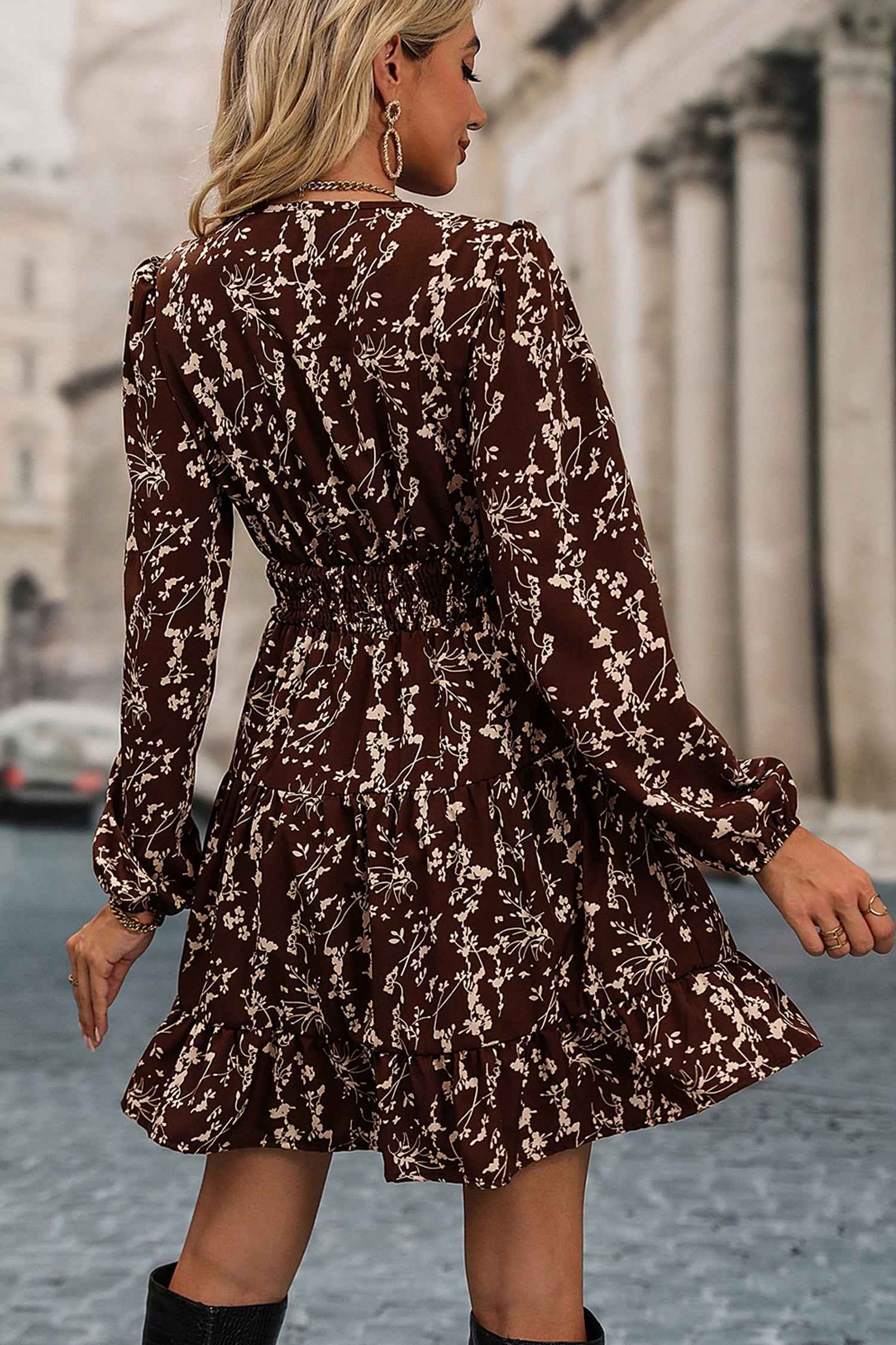 Brown Ditsy Floral Print Split Neck Long Sleeve Shirred Waist Flared Mini Dress 77409ec18c1a69f1