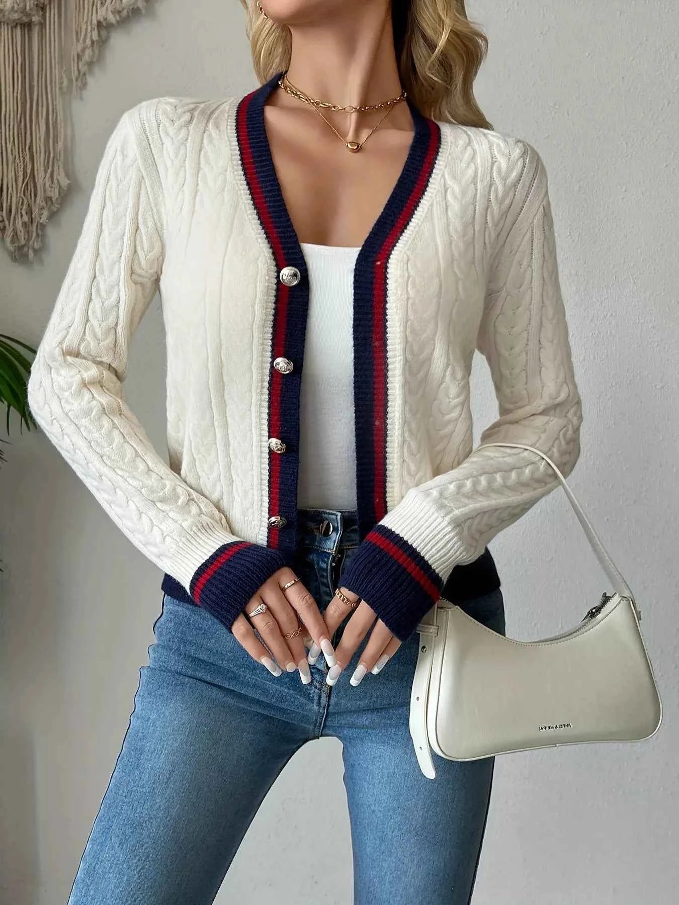 Contrast Trim Cable Knit Cardigan 77476145ce0b4d07b2f3490d07b8e624-Max-Origin