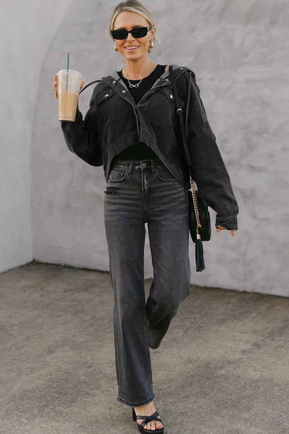 Black Chest Pocket Drop Shoulder Hooded Denim Jacket 774ffa23741c2f96