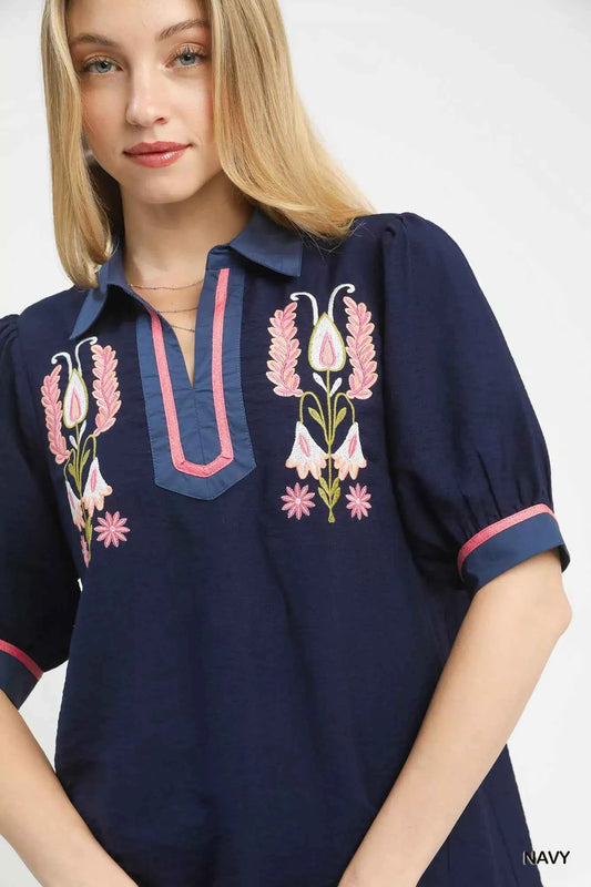 Embroidered Puff Sleeve Contrast Trim Top 77539faa-c451-4fe4-9641-7efd5975183c-Max-Origin