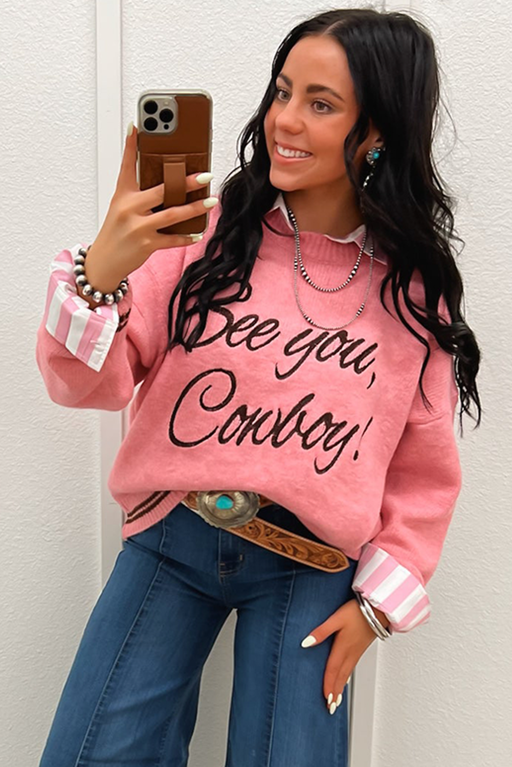 Peach Blossom Letter Embroidered Graphic Sweater 7753f87d2f637296