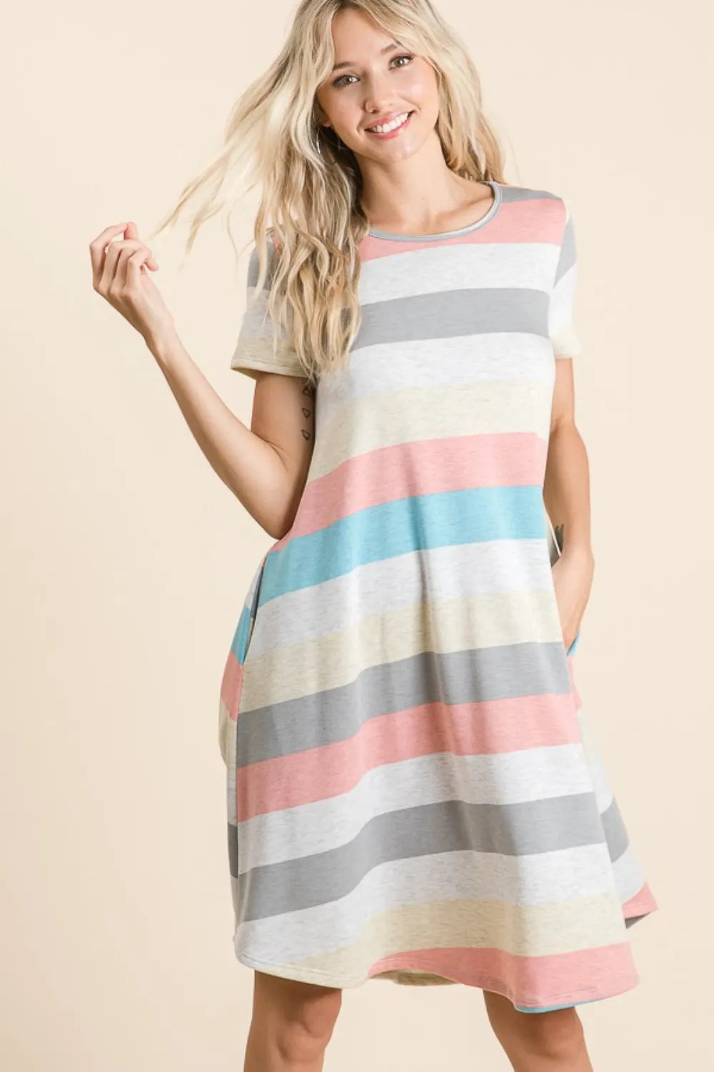BOMBOM Striped Short Sleeve Dress with Pockets 775800f4-40f7-4695-bd50-48395c014825-Max