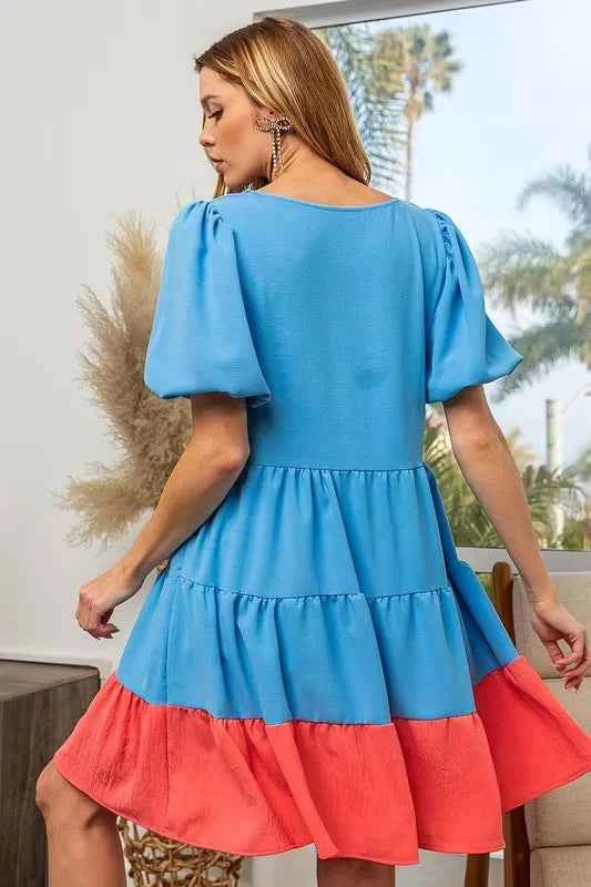 BiBi Two-Tone Balloon Sleeves U Neck Tiered Ruffle Hem Mini Dress 775b4fcf1c504c91aa4ba1f048c37fc8-Max-Origin