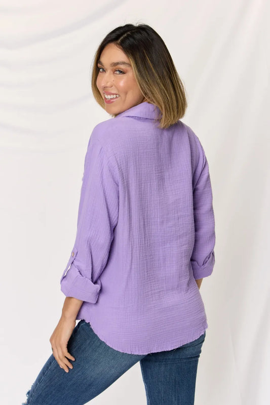Zenana Texture Button Up Raw Hem Long Sleeve Shirt 775dc22c-5baa-4289-bb72-08124b8b0274-Max
