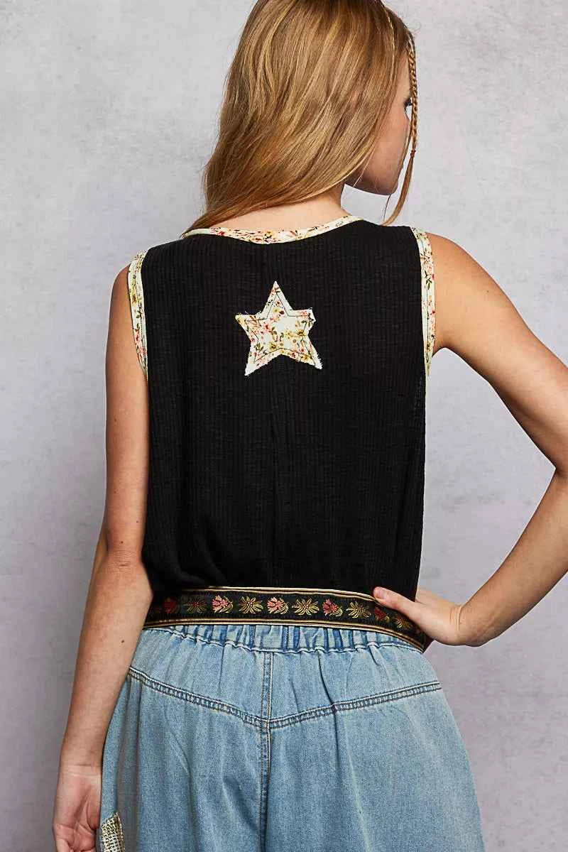 POL Washed Ribbed V-Neck Tank with Floral Print Star Patch 7760842e-9826-40fa-a547-7e9c3a044aac-Max-Origin