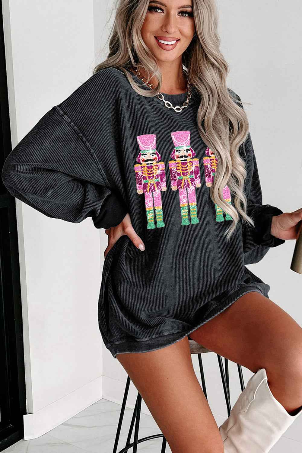 Black Nutcracker Graphic Sequins Patch Mineral Wash Corded Sweatshirt 776828cfc8a01856