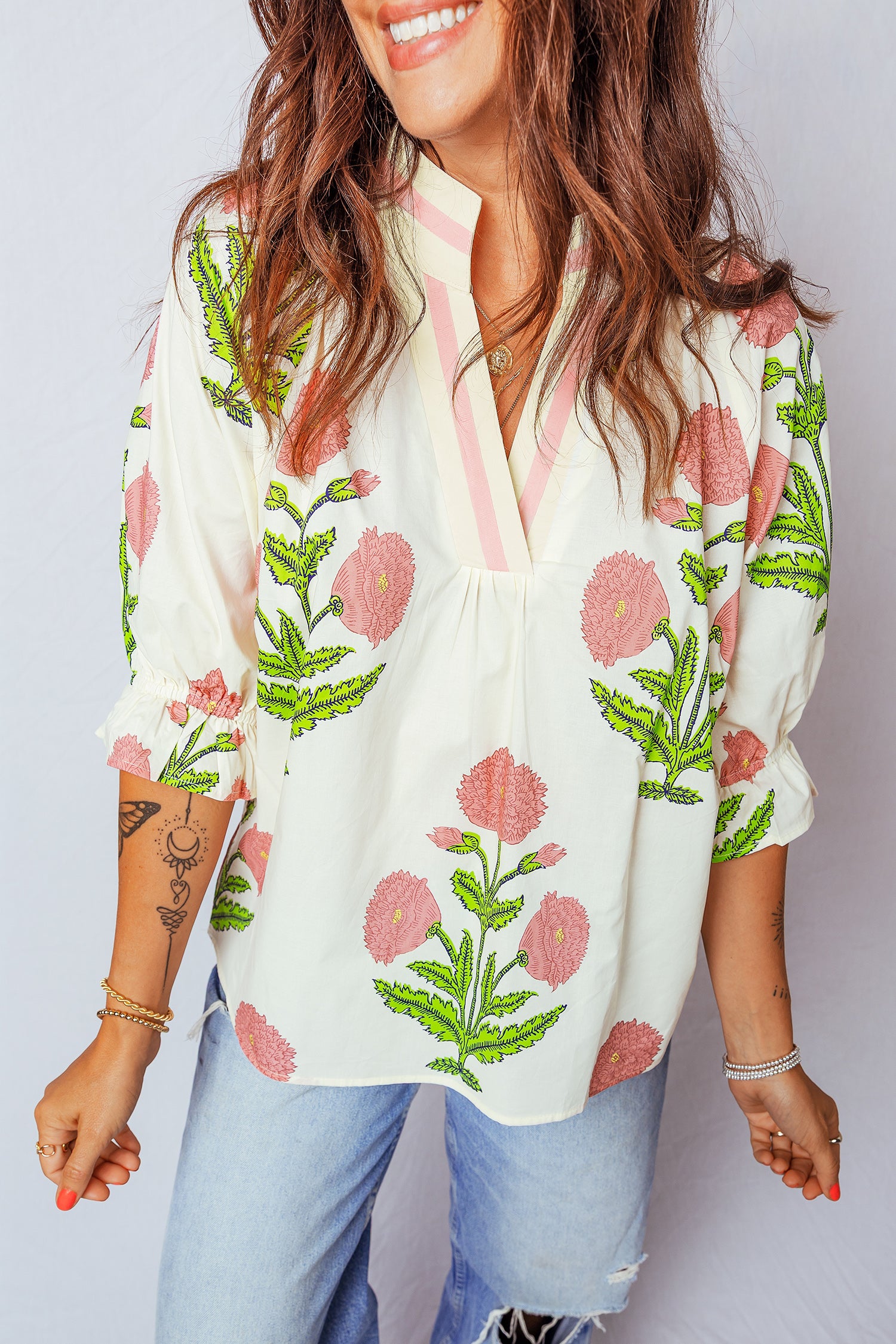 Casual Wild Flower Print V Neck 3/4 Sleeve Blouse Pink 55%Cotton+45%Viscose 7779fba385f097ad