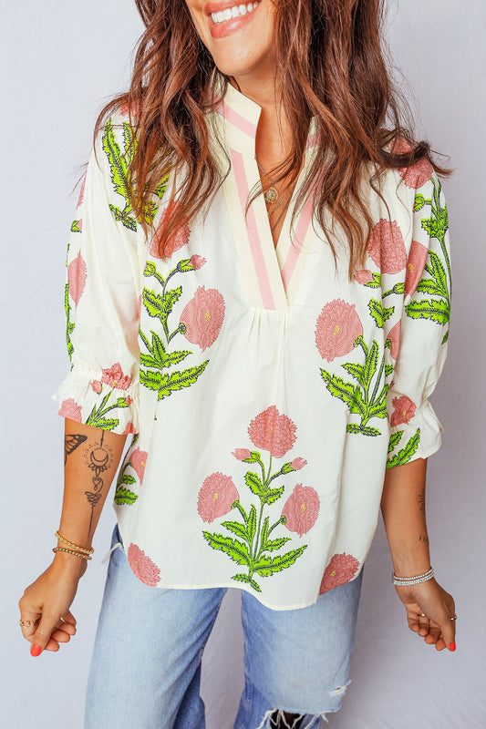 Casual Wild Flower Print V Neck 3/4 Sleeve Blouse Pink 55%Cotton+45%Viscose 7779fba385f097ad