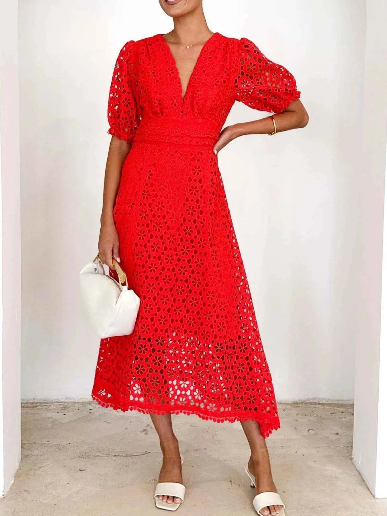 Eyelet Lace V-Neck Midi Dress with Puff Sleeves Red 777b11fa-70f6-4443-b7d0-4cc73fd7ca83-Max-Origin