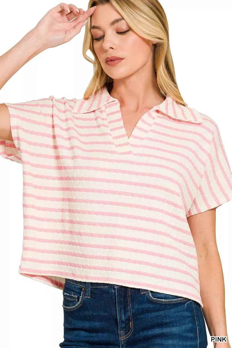 Zenana Striped Split Neck Collared Top PINK 777b7c44815c44c398715c1c778229e6-Max-Origin