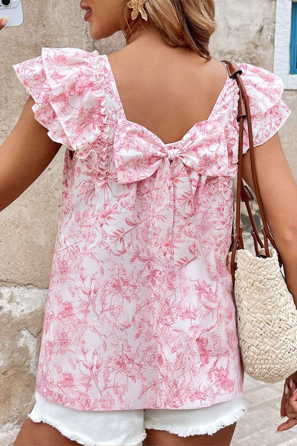 Sky Blue Floral Ruffle Short Sleeve Bow Back Blouse 7780a6f2c7313d37