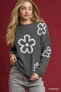 Umgee Round Neck Sweater with Pink Floral Accents CHARCOAL 77819c16-157e-459d-8c46-f24bebc664a5-Max-Origin
