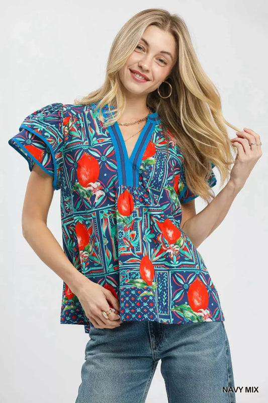 Abstract Print Flutter Sleeve Blouse NAVY MIX 77850f95-9781-4f61-b55f-a904a23ab149-Max-Origin